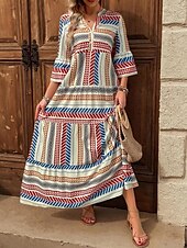 billige Boho-kjoler-Dame Maxikjole Solkjole Kjole med A-linje Fit And Flare Dress Ferie Fritid Bohem utendørs Fest Ut på byen Normal Grafisk Geometrisk Stamme Ermeløs V-hals Rød Blå Grønn Sommer Vår