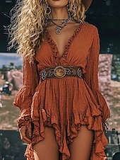 levne Boho šaty-Dámské Midi šaty Boho šaty Westernové šaty Módní Moderní Venkovní Dovolená Jdeme ven Běžný Bez vzoru Dlouhý rukáv Do V Oranžová Léto
