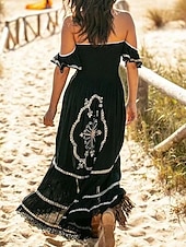billiga Boho-klänning-Dam Midiklänning Axelbandslös klänning Semester Ledigt Boho Strand Stam Ärmlös kall axel Svart Sommar Vår