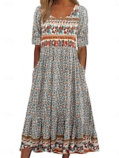 halpa Boho-mekot-Naisten Midimekko A linjainen mekko Fit And Flare Mekko Loma Vapaa-aika Boheemi ulko- Bile Normaali Kukka Kuvitettu Puolihiha Pyöreäkauluksinen Syvä vihreä Laivaston sininen Fuksia Apila Kesä