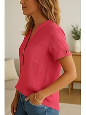 voordelige Overhemden-Dames Knoop omhoog Katoenen linnen overhemd Effen Stijlvol Modern Korte mouw V-hals Normale tops Dagelijks Feestdagen Knop Rood blauw Zomer