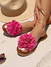 billige Kvinner-blomstersandaler for kvinner – flate strandsko i boho-stil med 3d-blomsterdesign for sommerferie og fritidsklær