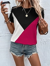 abordables T-shirt rayé et géométrique-Femmes Chemisier Géométrique Occasionnel Chaussures de plage Manche Courte Col ras du cou Hauts Réguliers Quotidien Imprimé Rose Claire Fuchsia Vert Gris Été Printemps