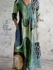 preiswerte Ausgefallene Kleider-Damen Langes Kleid Maxikleid Freizeitkleid Sommerkleid Boho-Kleid Mode Urlaub Täglich Wochenende Normale Passform Blumen Grafik Langarm V Ausschnitt Gelb Grün Khaki Regenbogen Sommer
