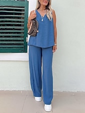 preiswerte Blusenanzüge für Damen-Damen Aktiv Basic Baumwoll-Leinen-Sets Bluse Hosen-Sets Ärmellos V Ausschnitt Einfarbig Täglich Alltagstauglich Wein Königsblau Beige Sommer Normale Passform