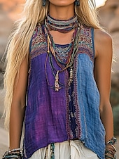 preiswerte Boho Tops-Damen Westernbluse Boho-Hemd Bluse Farbblock Blume Lässig Boho Ärmellos V Ausschnitt Normale Oberteile Täglich Ferien Patchwork Druck Wein Blau Purpur Fuchsie Grün Sommer