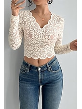 preiswerte Spitzenoberteile-Damen Bluse Spitzentops Einfach Modern Langarm V Ausschnitt Crop Tops Täglich Ferien Ausgehen Spitze Beige Sommer