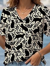 billige Dyrene tee-Dame T skjorte Grafisk Katt Planter Årgang Stilfull Klassisk Kortermet V-hals Vanlige topper Daglig Trykt mønster Hvit matt-hvit Sommer Vår