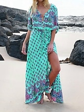 cheap Boho Dress-Women&#039;s Maxi Dress A Line Dress Casual Party Beach Regular Fit Graphic 3/4 Length Sleeve V Neck Pink Blue Green Summer Spring
