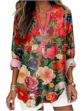 economico Top Floreali-Per donna Camicia Boho Floreale Grafico Elegante Casual Boho Manica Lunga Scollo a V Top Regolari Quotidiano Uscire Patchwork Stampato Rosa cipria Rosa Vino Verde militare Rosso Primavera, Autunno