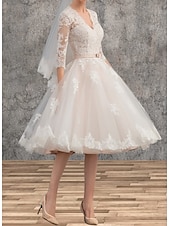 economico Abiti da sposa-Mini Abiti Bianchi per Fidanzamento Abiti da Sposa A-Line Scollo a V Manica 3/4 Lunga Fino al Ginocchio in Raso con Fascia  Applicazioni