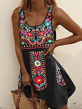 billiga Boho klänningar-Dam Mini klänning A linjeklänning Sommarklänning Off Shoulder Klänning Semester Ledigt Dagligen Normal Blommig Grafisk Stam Ärmlös U-hals Rubinrött Blå Grön Sommar