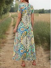 economico Abiti Boho-Per donna Abito maxi Abito a trapezio Vacanza Boho All&#039;aperto Uscire Vestibilità comoda Grafico Paisley Manica Corta Scollo a V Verde Estate