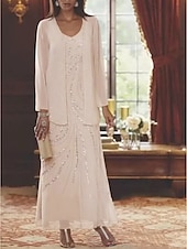 abordables Avec veste-Robe Mère de la Mariée Coupe Deux Pièces à la Plage Invité de Mariage Élégant Étincelle  Brillance Encolure en V Longueur Cheville Chiffon Sequins Manches Longues avec Sequins 2025 taille