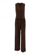 abordables Ensembles chemisiers pour femmes-Femmes Actif Chemisier Ensembles de Pantalons Sans manches Col en V Couleur Unie Dubbele Rij Knopen Date Week-end Marron Été Coupe régulière
