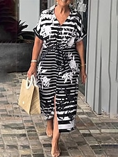 abordables Robe Fleurie-Femmes Robe maxi Robe trapèze Robe d&#039;été Occasionnel Quotidien Coupe régulière Fleuri Graphique Rayé Manche Courte Col en V Noir Blanche Jaune bleu marine Été