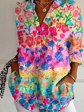 voordelige Bloemen tops-Dames Overhemd Bloemig Gestreept Stijlvol Modern Lange mouw Overhemdkraag Normale tops Dagelijks Feestdagen Zak Knop Afdrukken blauw Paars Fuchsia Oranje Zomer
