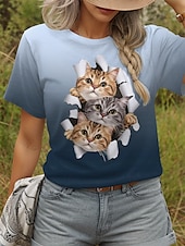economico Maglietta Animali-Per donna Maglietta Grafico Animale Gatto Vintage Elegante Classico Manica Corta Girocollo Top Regolari Quotidiano Stampato Blu Verde Estate