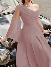abordables Robes de cocktail-Robe de plage A-Line Robes cocktail Élégante Robe Invité de mariage Longueur thé Sans manches Col chauve-souris Tissu extensible avec volants Robes