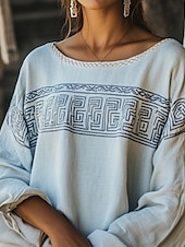 billige Boho topper-Dame Boho skjorte Bluse Blomsternål i krystall Moderne Fritid Bohem Langermet Crew-hals Vanlige topper Daglig Ferie Ut på byen Trykt mønster Hvit Sommer