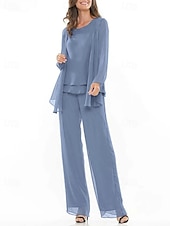 baratos Terninhos de calça da mamãe-Terno azul roxo com calça, vestido de mãe da noiva, 3 peças, elegante, gola redonda, comprimento até o chão, chiffon, manga comprida, incluso com bordado em renda 2025