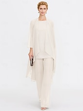 billiga Mammas byxdräkter-Strand Bröllop Jumpsuit/Byxdräkt 3 Delar Mor Till Brud Bröllops Gäst Elegant Plus Size Inkluderat Bateau Hals Golvlängd Chiffon Ärmlös Jacka es med Enfärgade Färger