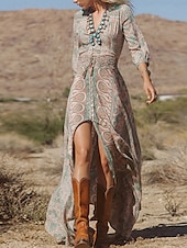 abordables Robe Boho-Robe Boho Femme Robe Western Robe Vintage Maxi Robe A Ligne Robe d&#039;été Robe Casual Quotidienne Coupe Régulière Graphique Florale Manches 3/4 Décolleté en V Bleu Été