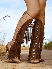 cheap Vacation Sandals-Women&#039;s Brown Boho Fringe Gladiator Heeled Sandals – Western Style Knee-High Lace-Up Boots for Music Festivals, Summer Parties &amp; Retro Fashion