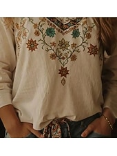 billige Kvinne Boho Topper-Dame Bluse Blomstret Grafisk Bohem Årgang Tropisk 3/4 ermer V-hals Vanlige topper Beige Sommer Vår