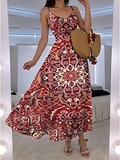 tanie Sukienki boho-Damskie Sukienka maxi Sukienka A line Sukienka na ramiączkach Urlop Codzienny Boho Wyjściowe Plaża Luźny / a Kwiaty Graficzny Bez rękawów W serek Czerwony Pomarańczowy Lato Wiosna