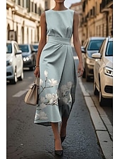 cheap Floral Dress-Women&#039;s Midi Dress Sheath Dress Work Dresses Formal Semi Formal Office Daily Regular Fit Floral Graphic Sleeveless Crew Neck Sky Blue Orange Dark Blue Gray Summer Spring