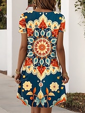 ieftine Rochii boho-Pentru femei Rochie Mini Rochii Tricou Rochie A line Rochie de vară Casual Zilnic Fit regulat Floral Grafic Tribal Manșon scurt În V Albastru piscină Vară