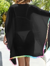 cheap Beach Dresses-Women&#039;s Swimsuits Cover Up Swim Dress Swimsuit Fringe Hem Vacation Beach Wear Solid Color V Neck Short Sleeves Bathing Suits