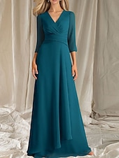 cheap Floor Length-A-Line Mother of the Bride Dress Wedding Guest Elegant V Neck Floor Length Chiffon 3/4 Length Sleeve with Tier Ruching 2025