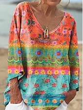 billige Blomstrete topper-Dame Bluse Blomstret Grafisk Geometrisk Stilfull Fritid Langermet 3/4 ermer V-hals Vanlige topper Daglig Blå Lilla Oransje Grønn Sommer Vår