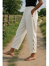 economico Pantaloni in lino e cotone semplici-Per donna Pantaloni in cotone e lino Essenziale Lunghezza intera Vita Alta Semplice Tasca Elastico in vita Foro Comodo All&#039;aperto Confortevole Streetwear Abbigliamento quotidiano Uscire Bianco Blu