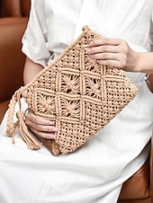 olcso Keresztpántos táskák-női kézzel szőtt boho crossbody táska – vintage makramé válltáska bojttal tengerparti nyaraláshoz és hétköznapi ruhákhoz szín fekete fehér rózsaszín