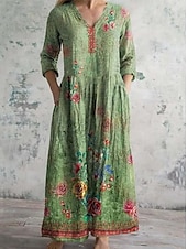 ieftine Rochii boho-Pentru femei Rochie Maxi Rochie de epoca Rochie de in Rochie de Vară Rochie florala Boemia Vacanță Έθνικ Concediu Potrivire Largă Floral Grafic Lungime Manșon 3/4 În V Mov Trifoi Bej Vară Primăvară
