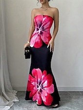 cheap Elegant Floral Dresses-Women&#039;s Long Dress Maxi Dress Prom Dress Bodycon Summer Dress Elegant Fashion Party Holiday Date Regular Fit Flower Sleeveless Strapless Red Blue Summer Spring