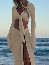 abordables Robes de plage-Maillots de bain pour femmes jupe de couverture 2 pièces maillot de bain découpé vacances plage vêtements couleur unie à col rond manches longues maillots de bain