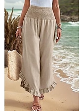economico Pantaloni in lino e cotone semplici-Per donna Pantaloni in cotone e lino Pantaloni Eleganti Moda Streetwear Lunghezza intera Naturale Semplice Volant Elastico in vita All&#039;aperto Confortevole All&#039;aperto Vacanza Uscire Rosso arancione