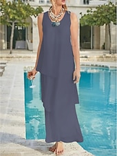 economico Lunghezza del pavimento-Matrimonio in Spiaggia Abito Madre della Sposa Linea A Ospite di Matrimonio Elegante Semplice Collo a V Lunghezza Caviglia Chiffon Senza Maniche con Strati Colore Solido 2025 misura personalizzata