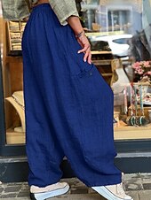 baratos Calça de linho de algodão simples-Calças Baggy Femininas de Pernas Largas de Cor Sólida Moda Bloomers Básico Comprimento Total Cintura Média Lisa com Bolso Cintura Elástica Conforto ao Ar Livre Microelástico Férias Rua Diário Dourado