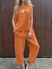 abordables Ensembles chemisiers pour femmes-Femmes Actif Chemisier Ensembles de Pantalons Sans manches Col ras du cou Couleur Unie Fête Week-end Noir Jaune Bleu Été Coupe régulière