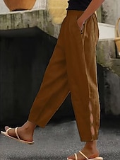 cheap Plain Cotton Linen Pant-Women&#039;s Cotton Linen Pants Chinos Fashion Streetwear Ankle-Length High Waist Plain Pocket Elastic Waistband Comfy Soft Comfortable Micro-elastic Outdoor Street dark brown Deep Green Wine Robin&#039;s Egg