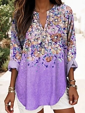 economico Top Floreali-Blusa boho da donna floreale grafica elegante stilosa maniche lunghe collo a V top regolari quotidiani stampa blu viola verde estate primavera