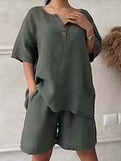 cheap Sets-Women&#039;s Fashion Streetwear Cotton Linen Sets Two Piece Sets Shorts Sets Short Sleeve V Neck Daily Wear Date Black White Army Green Summer Regular Fit