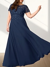 voordelige Vloerlengte-A-lijn Plus Size Curve Moeder van de Bruid Jurk Bruiloft Gast Elegant Crew Neck Vloerlengte Chiffon Kant Korte Mouw met Tailleband  Lint Beading Applicaties
