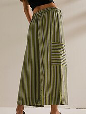 abordables jambe large et taille haute-Femmes Slacks Pantalons Streetwear Occasionnel Longueur complète Naturel Rayé Avec Poches Conception à cordon élastique Confortable Extérieur Rue Sortir Rouge orangé Bleu ciel clair Marine fonc