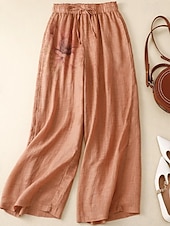 baratos Calça de linho de algodão simples-Mulheres Calças de linho de algodão Calças Roupa de rua Casual Comprimento total Natural Flor Estampado Design de cordão elástico Confortável Exterior Rua Final de semana Laranja Avermelhado Cinzento